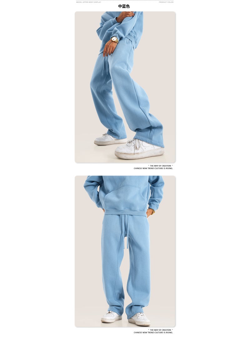 بى طقم من قطعتين: سويت شيرت بغطاء رأس بلون سادة مبطن بالصوف، وكارديجان فضفاض كاجوال، وبنطال رياضي (أزرق) - Image 5