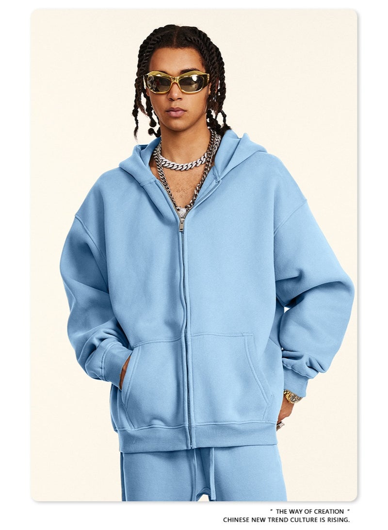 بى طقم من قطعتين: سويت شيرت بغطاء رأس بلون سادة مبطن بالصوف، وكارديجان فضفاض كاجوال، وبنطال رياضي (أزرق) - Image 3