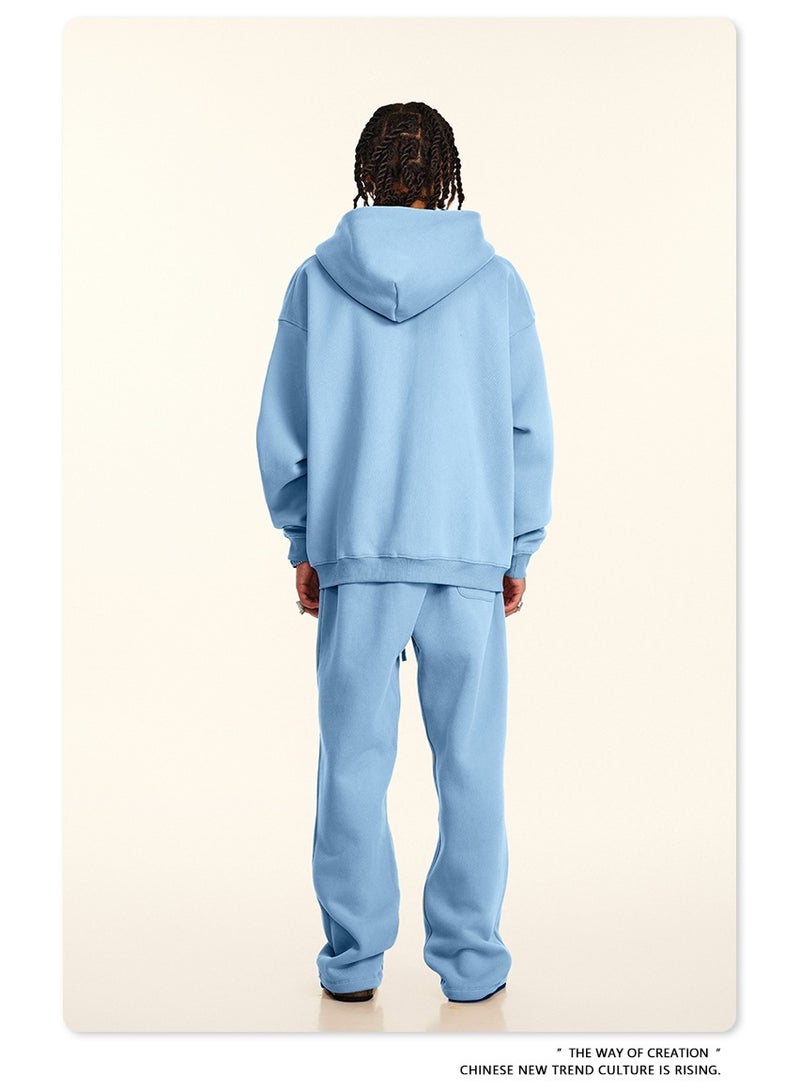 بى طقم من قطعتين: سويت شيرت بغطاء رأس بلون سادة مبطن بالصوف، وكارديجان فضفاض كاجوال، وبنطال رياضي (أزرق) - Image 2