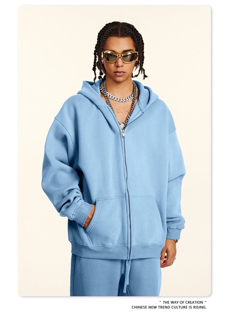 بى طقم من قطعتين: سويت شيرت بغطاء رأس بلون سادة مبطن بالصوف، وكارديجان فضفاض كاجوال، وبنطال رياضي (أزرق) - Image 4