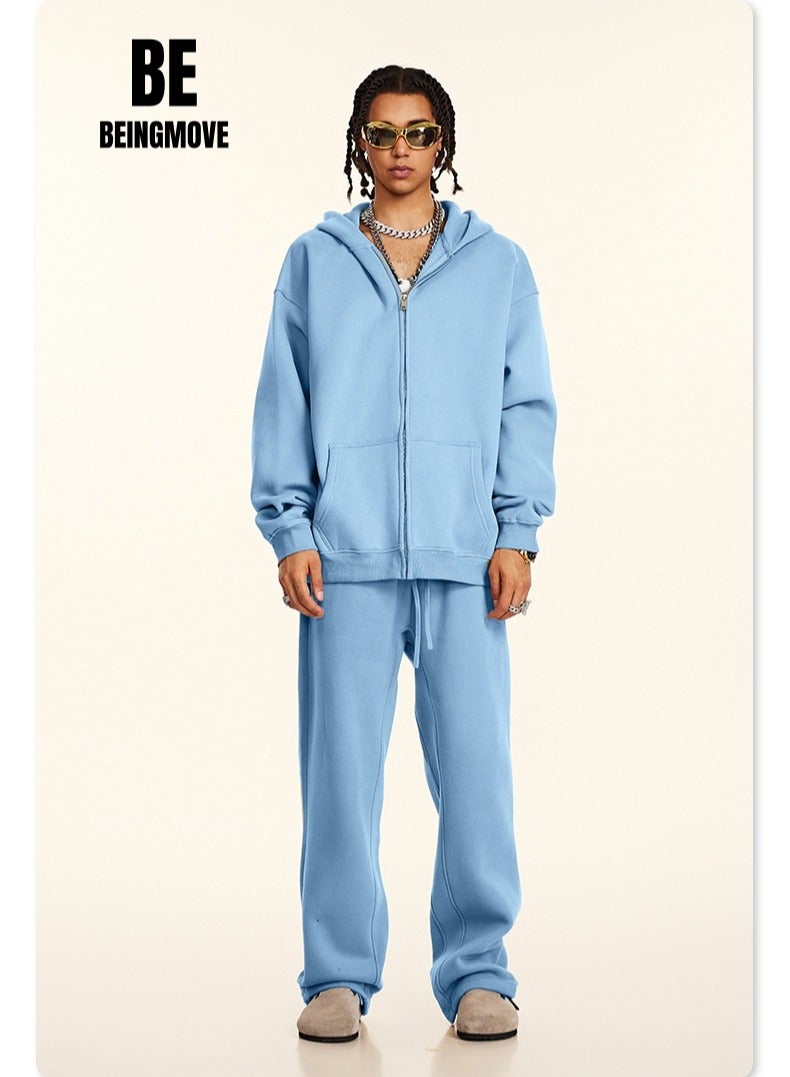 بى طقم من قطعتين: سويت شيرت بغطاء رأس بلون سادة مبطن بالصوف، وكارديجان فضفاض كاجوال، وبنطال رياضي (أزرق) - Image 1