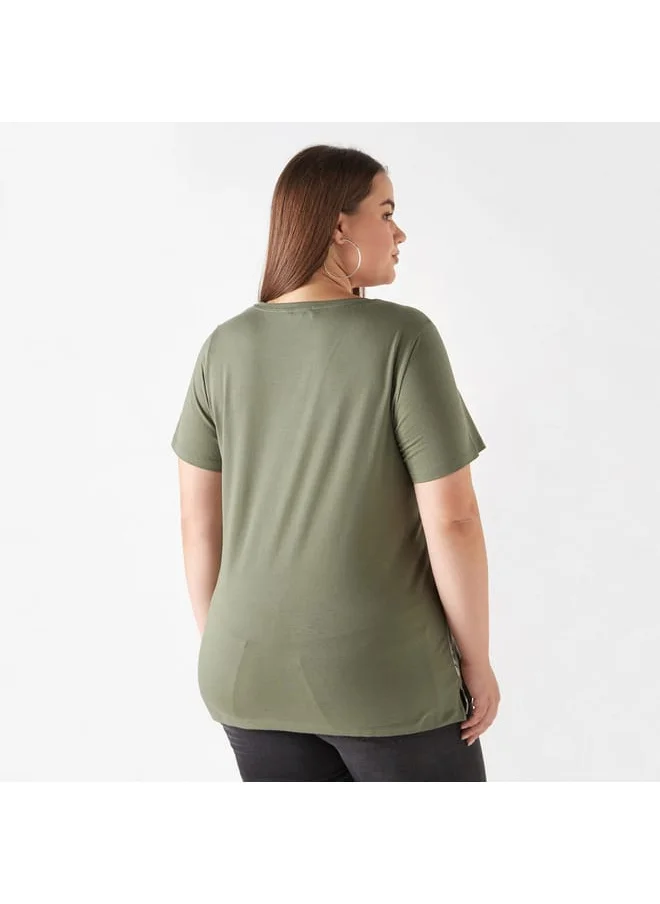 Ulla Popken Plus Size Ulla Popken Printed T-Shirt with Short Sleeves and Round Neck