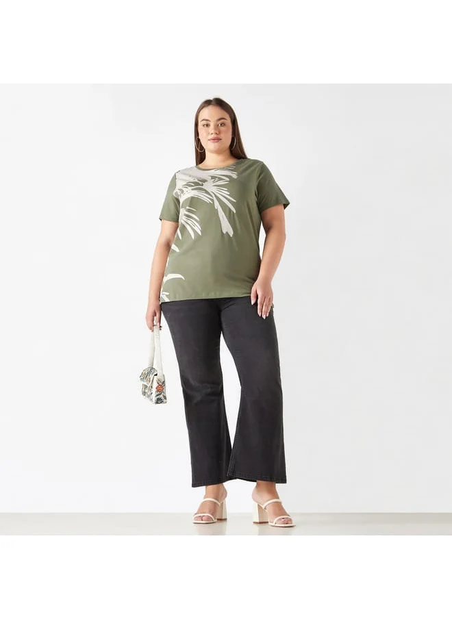 Ulla Popken Plus Size Ulla Popken Printed T-Shirt with Short Sleeves and Round Neck