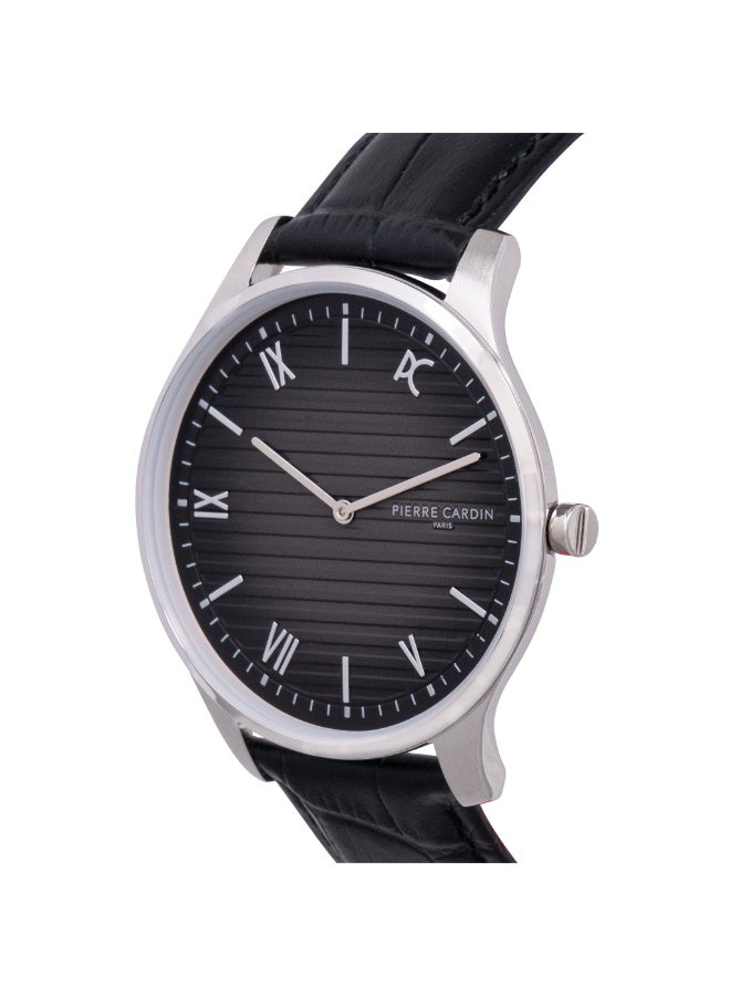 PIERRE CARDIN CBA.4025 LUXE SILVER & BLACK MEN'S WATCH - ELEGANT LEATHER DESIGN - Image 2