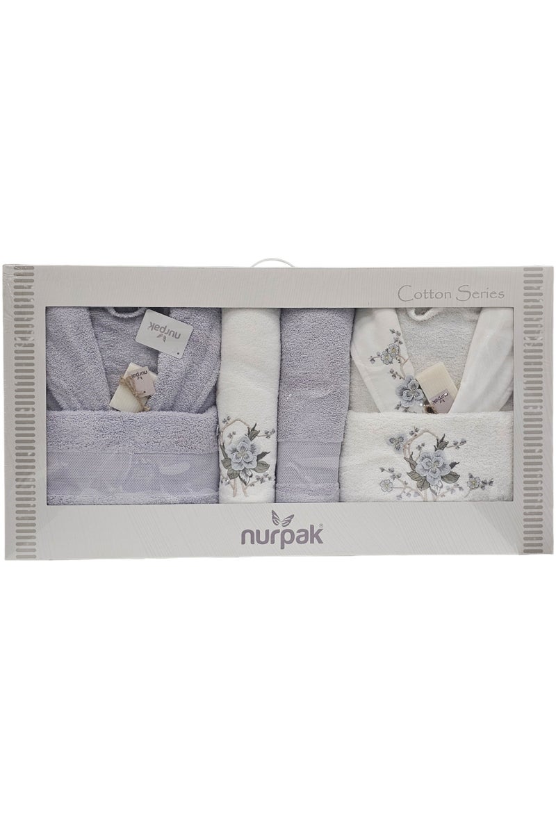 نورباك طقم رداء حمام عائلي من قطن تيري تركي مكون من 6 قطع 420 جرام لكل متر مربع مع مناشف حمام ومناشف يد متطابقة في صندوق هدايا أزرق سماوي / أوف وايت - Image 2