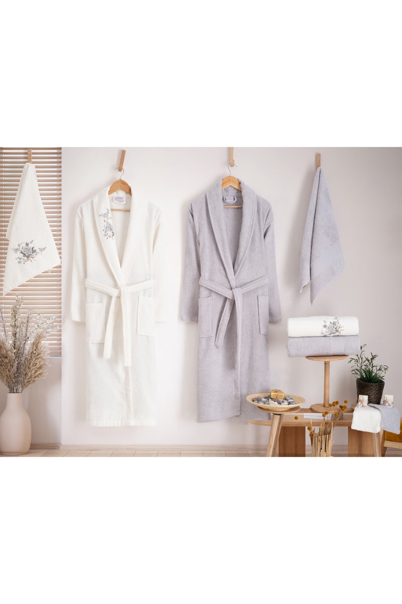 نورباك طقم رداء حمام عائلي من قطن تيري تركي مكون من 6 قطع 420 جرام لكل متر مربع مع مناشف حمام ومناشف يد متطابقة في صندوق هدايا أزرق سماوي / أوف وايت - Image 1