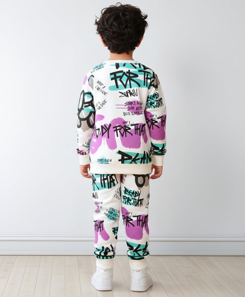 ANTHRILO Comfort Fit Jogging Suit Set For Boys | Fabric : Fleece | Ready For That Round Neck Boys Fleece Sweatshirt Jogging Suit Set - White 12-14 YEARS - Image 3