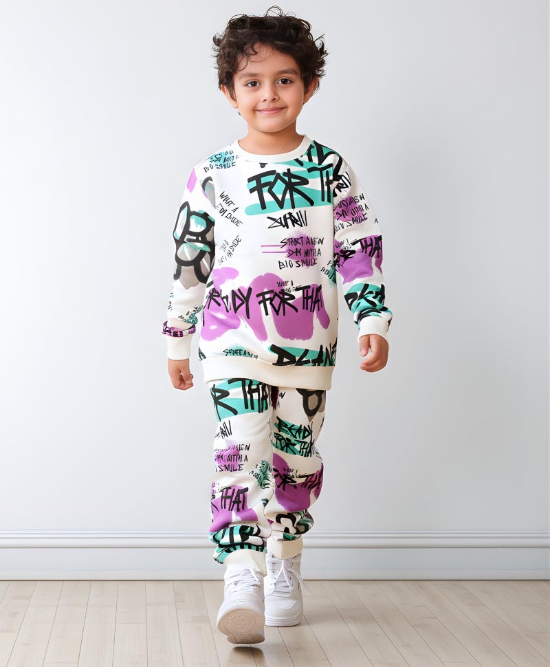 ANTHRILO Comfort Fit Jogging Suit Set For Boys | Fabric : Fleece | Ready For That Round Neck Boys Fleece Sweatshirt Jogging Suit Set - White 12-14 YEARS - Image 2