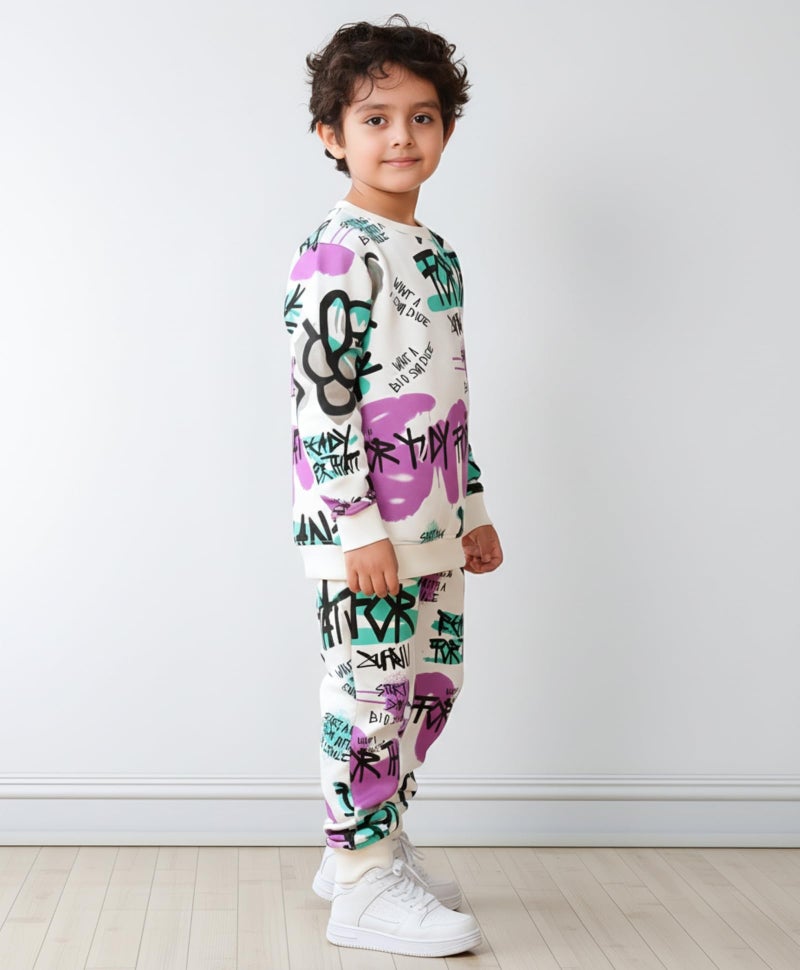 ANTHRILO Comfort Fit Jogging Suit Set For Boys | Fabric : Fleece | Ready For That Round Neck Boys Fleece Sweatshirt Jogging Suit Set - White 12-14 YEARS - Image 4