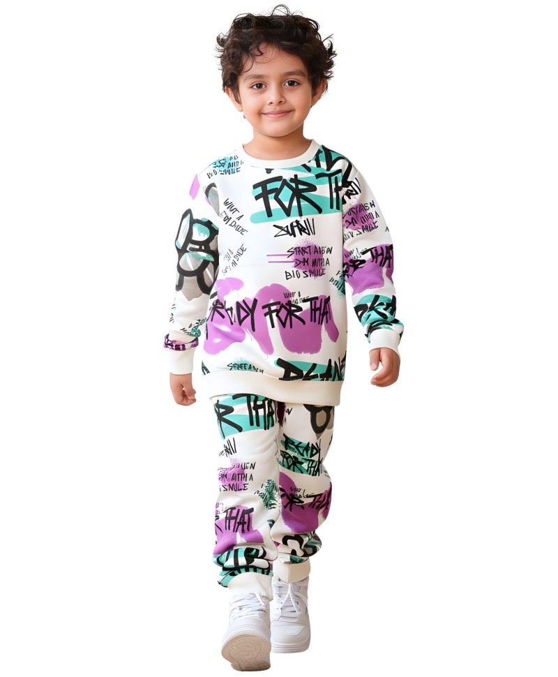 ANTHRILO Comfort Fit Jogging Suit Set For Boys | Fabric : Fleece | Ready For That Round Neck Boys Fleece Sweatshirt Jogging Suit Set - White 12-14 YEARS - Image 1