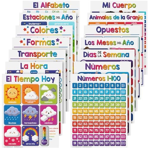 FoldCard Spanish Educational Posters for Kids Bundle of 14 Bilingual Classroom and Homeschool Learning Chart Decorations and School Materials Preschool to Grade 3 Durable Glossy Cardstock 85 x 11 - Image 1