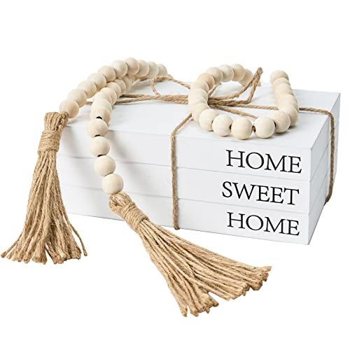 OMISHE Decorative Books for Home Decor, White Faux Books for Decoration, Rustic Farmhouse Stacked Display Books with 52in Wood Bead Garland for Coffee Tables Living Room, (Home Sweet Home) - Image 1