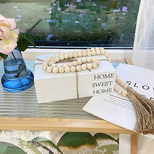 OMISHE Decorative Books for Home Decor, White Faux Books for Decoration, Rustic Farmhouse Stacked Display Books with 52in Wood Bead Garland for Coffee Tables Living Room, (Home Sweet Home) - Image 2
