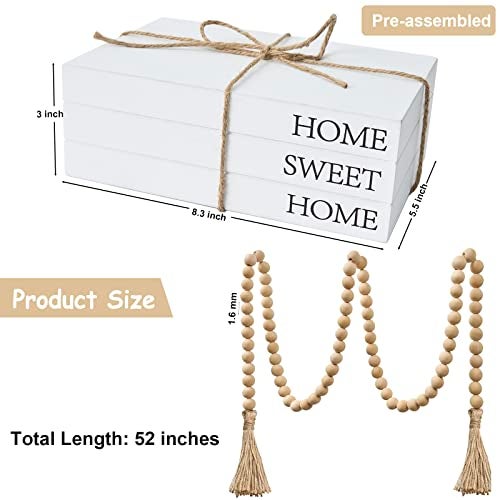 OMISHE Decorative Books for Home Decor, White Faux Books for Decoration, Rustic Farmhouse Stacked Display Books with 52in Wood Bead Garland for Coffee Tables Living Room, (Home Sweet Home) - Image 4