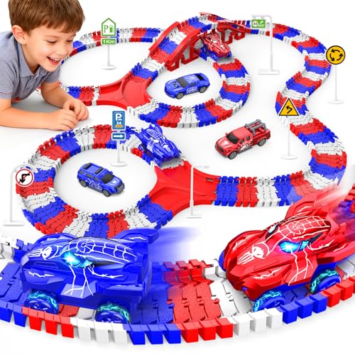 Desuccus Spider Toys for Boys 46 Create A Spider World Road Race Tracks with 2 Cool Spider Cars Toys for Kids Boys Flexible Train Tracks Set for Age 3 4 5 6 7 8 Year Up Old Boy Girls Birthday Gifts - Image 1
