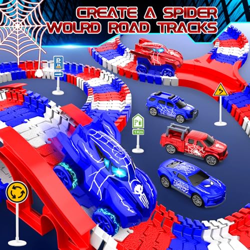 Desuccus Spider Toys for Boys 46 Create A Spider World Road Race Tracks with 2 Cool Spider Cars Toys for Kids Boys Flexible Train Tracks Set for Age 3 4 5 6 7 8 Year Up Old Boy Girls Birthday Gifts - Image 5