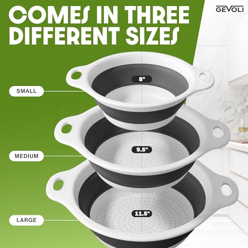 Gevoli Collapsible Colanders (3 Pack Set) Food Strainers with Over-Sink Water Draining Base for Pasta Fruits and Vegetables, White (3 Sizes, 3QT, 4QT and 5 Quart) - Image 3
