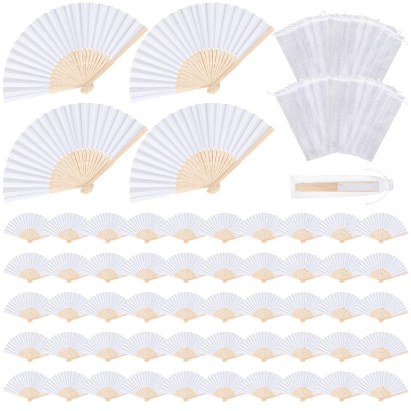 MCEAST 60 Pieces Wedding Handheld Paper Fans White Bamboo Folding Paper Fans with 60 Organza Bags Foldable Cool Wedding Favors Wedding Fans for Guests Party Favors DIY Decoration