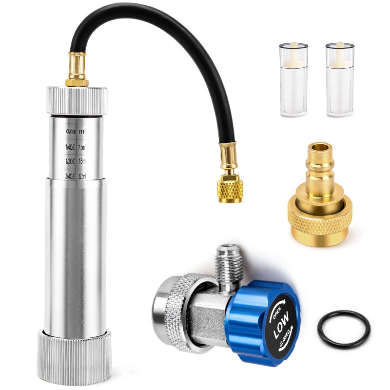 R134A R1234YF AC Oil Injector Tool AC Dye Injector Kit with R134a Adjustable Quick Coupler R1234YF Quick Coupler and 2 Oil Checkers AC Oil Dye Injector Kit for R134A R1234YF Refrigerant System