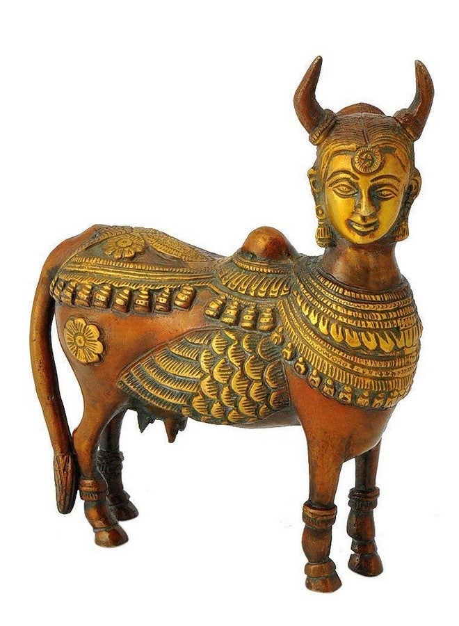 Kartique Brass Kamdhenu Idol with Ornate Detailing - 7.5 Inches Height - Decorative Cow Statue for Home and Temple Decor - Image 1