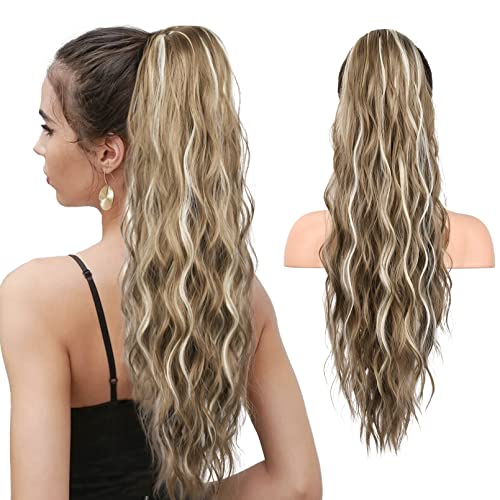 HOOJIH Ponytail Extension Drawstring Ponytail Hair Extensions 26 Inch Long Curly Wavy Ponytail Natural Wavy Synthetic Hairpiece for Women Daily Use  Deep Blonde with Blonde highlights