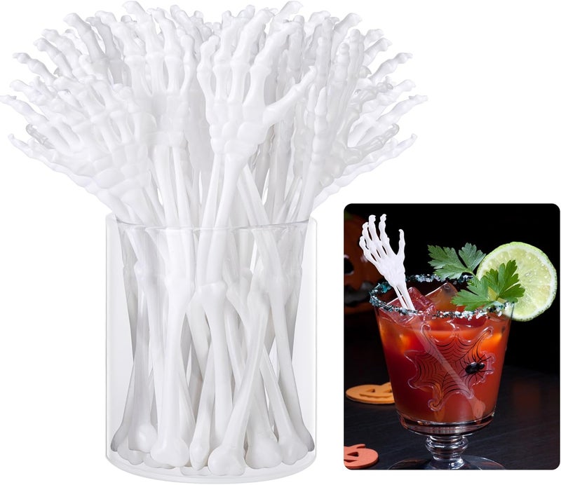 RunNico 50 Pcs 5.9''x1.5'' Halloween Skeleton Cocktail Stirrers, Reusable Skeleton Hand Swizzle Sticks, Halloween Plastic Drink Stirrer for Home Bar Horror Party Table Decorations Photo Props - Image 1