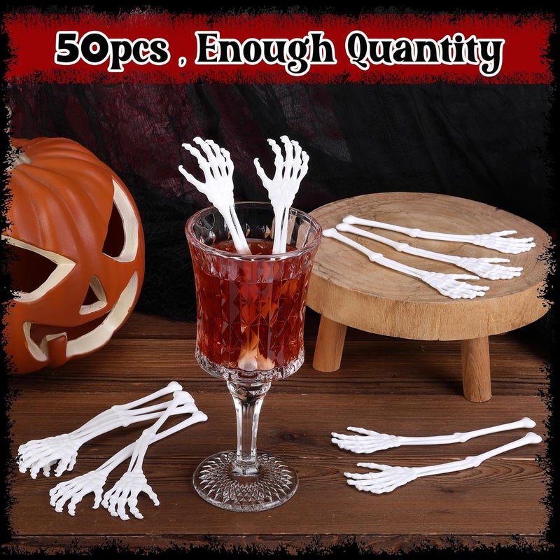 RunNico 50 Pcs 5.9''x1.5'' Halloween Skeleton Cocktail Stirrers, Reusable Skeleton Hand Swizzle Sticks, Halloween Plastic Drink Stirrer for Home Bar Horror Party Table Decorations Photo Props - Image 4