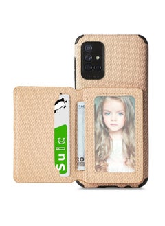 Generic Case Cover For Samsung Galaxy A51 5G Carbon Fiber Magnetic Card Bag TPU+PU Shockproof Back Cover Case with Holder & Card Slot & Photo Frame Khaki 