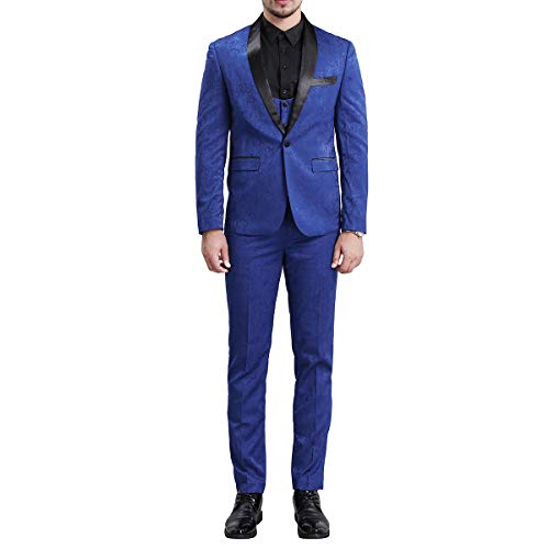 YFFUSHI Men's Elegant Jacquard 3 Piece Suit Slim Fit Royal Blue Tuxedo,Medium,Blue - Image 3