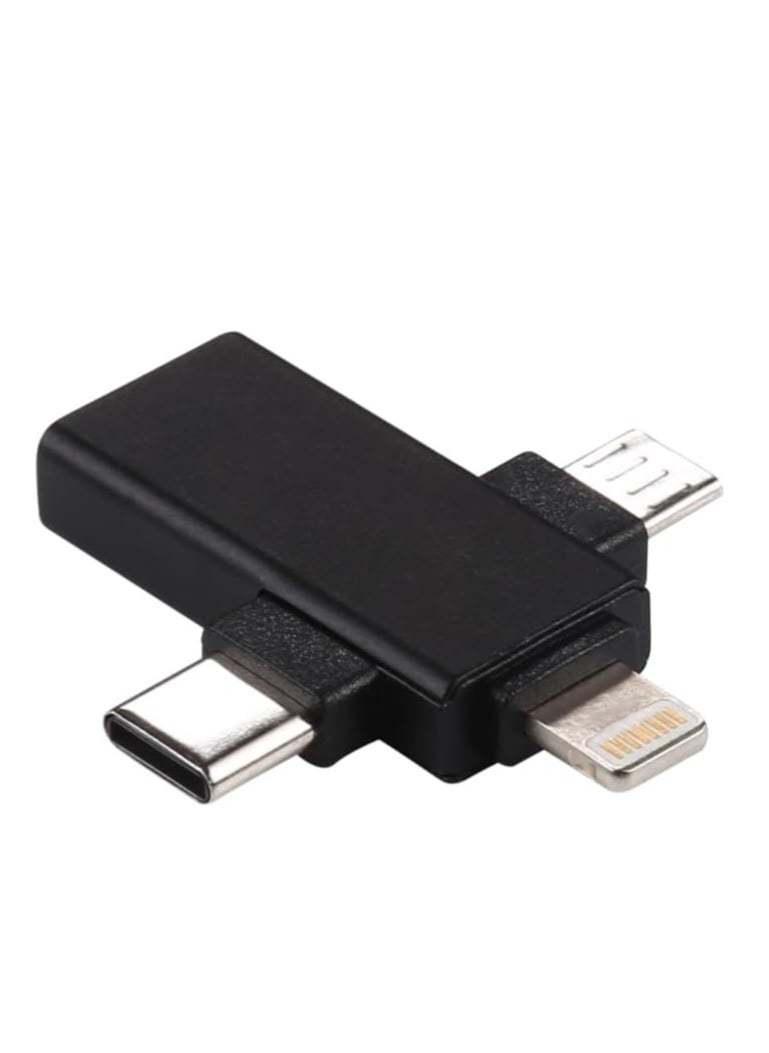 محول USB متعدد الوظائف 3 في 1 OTG متوافق مع Micro USB LH02007 وType-C وiPhone، نقل بيانات سريع ومحول محرك أقراص فلاش للهواتف والأجهزة اللوحية، تصميم صغير وقابل للحمل - أسود