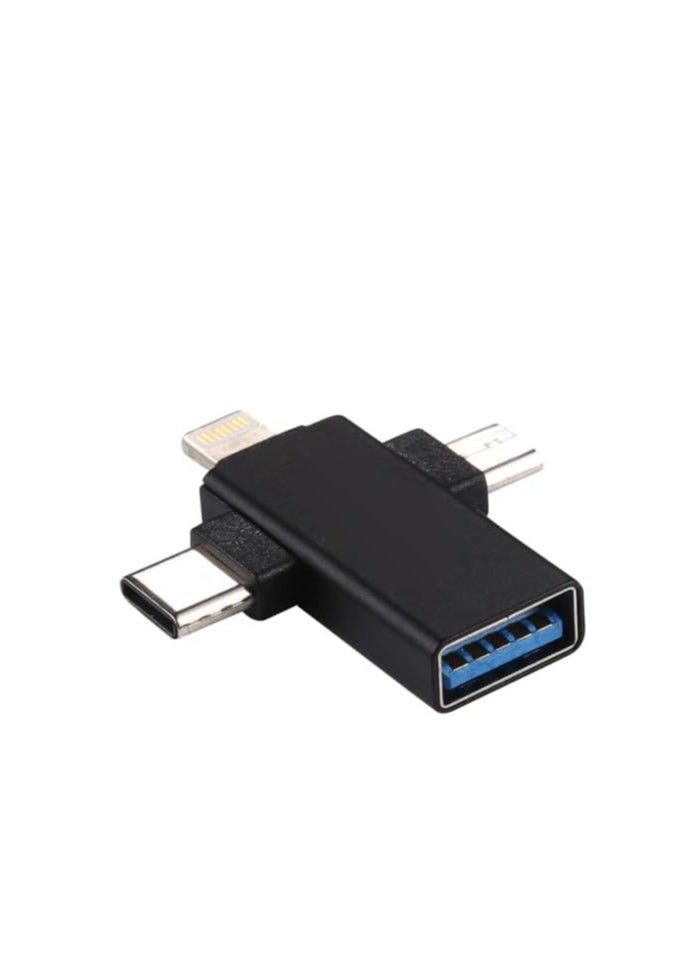 محول USB متعدد الوظائف 3 في 1 OTG متوافق مع Micro USB LH02007 وType-C وiPhone، نقل بيانات سريع ومحول محرك أقراص فلاش للهواتف والأجهزة اللوحية، تصميم صغير وقابل للحمل - أسود
