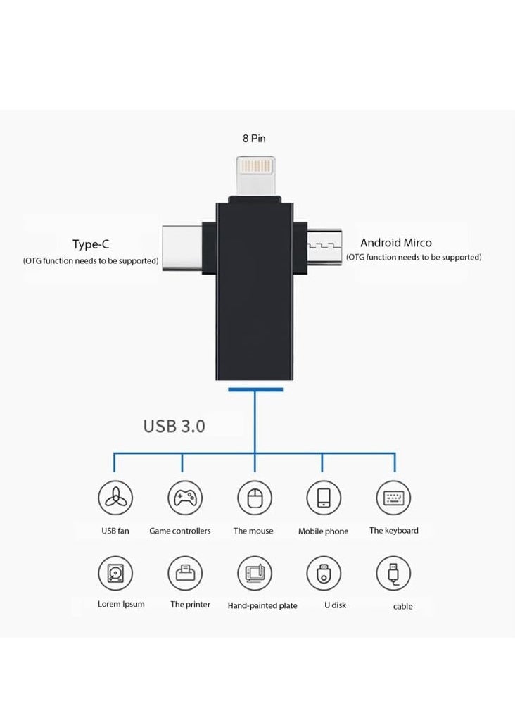 محول USB متعدد الوظائف 3 في 1 OTG متوافق مع Micro USB LH02007 وType-C وiPhone، نقل بيانات سريع ومحول محرك أقراص فلاش للهواتف والأجهزة اللوحية، تصميم صغير وقابل للحمل - أسود