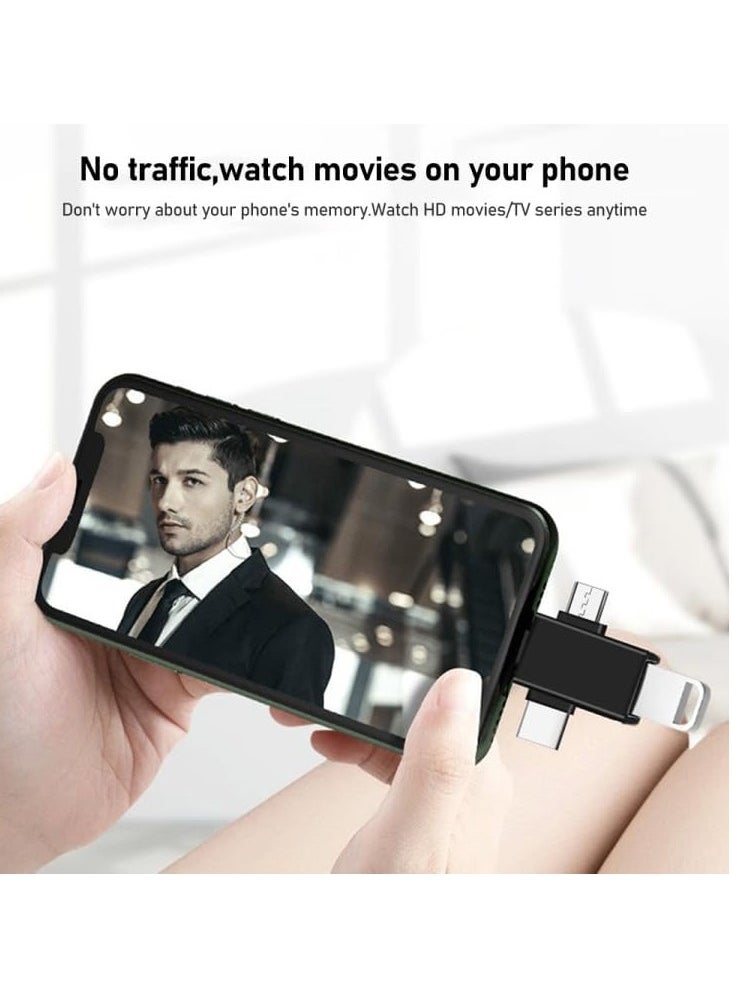 محول USB متعدد الوظائف 3 في 1 OTG متوافق مع Micro USB LH02007 وType-C وiPhone، نقل بيانات سريع ومحول محرك أقراص فلاش للهواتف والأجهزة اللوحية، تصميم صغير وقابل للحمل - أسود