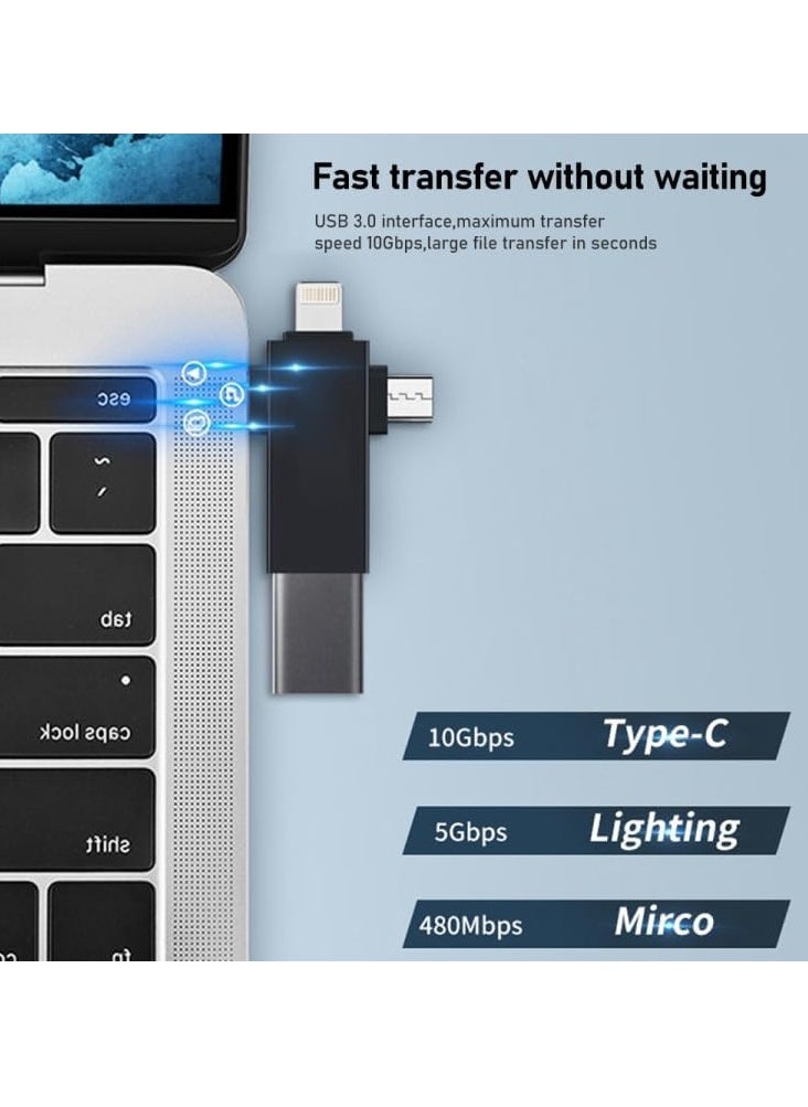 محول USB متعدد الوظائف 3 في 1 OTG متوافق مع Micro USB LH02007 وType-C وiPhone، نقل بيانات سريع ومحول محرك أقراص فلاش للهواتف والأجهزة اللوحية، تصميم صغير وقابل للحمل - أسود
