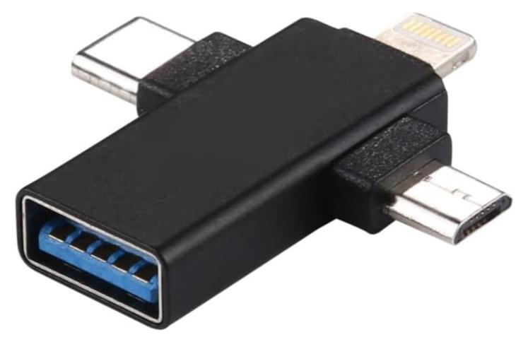 محول USB متعدد الوظائف 3 في 1 OTG متوافق مع Micro USB LH02007 وType-C وiPhone، نقل بيانات سريع ومحول محرك أقراص فلاش للهواتف والأجهزة اللوحية، تصميم صغير وقابل للحمل - أسود - Image 1