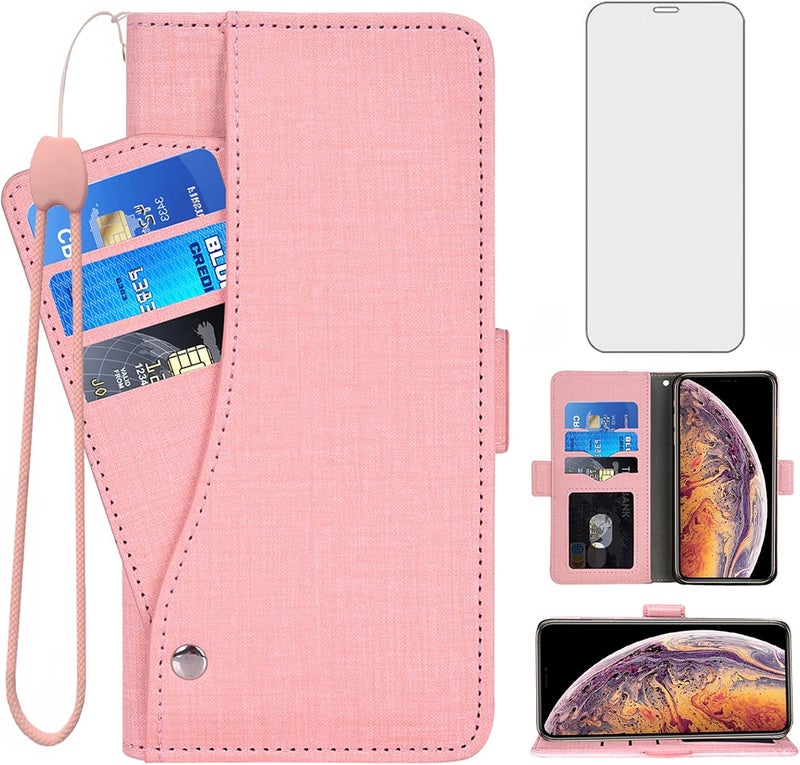 Asuwish Compatible with iPhone Xs X 10 10s Wallet Case Tempered Glass Screen Protector and Flip Cover Card Holder Cell Phone Cases for iPhoneX iPhoneXs iPhone10 i PhoneX SX 10x 10xs X’s Women Men Pink - Image 1