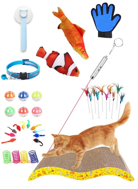 22 PCS Cat Fun Set, Novice Cat Teasing Set, Including 1 Cat Scratching Board, 1 Comb, 1 Comb Glove, 2 Catnip , 1 Cat Teasing Stick, 4 Mice, 1 Laser Pointer, 6 Balls, 1 Collar and 4 Cat Springs (Random Color)