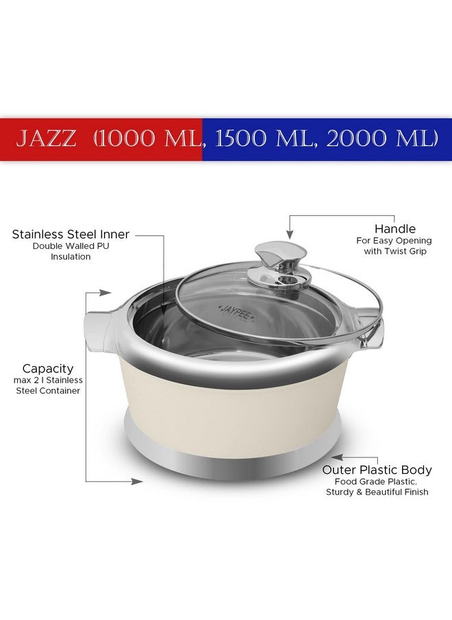 JAYPEE JAYPEE Jazz Serving Set | PU Insulated with Chrome Plated Knob Casserole Set of 3 |Inner Stainless Steel Serving Bowl with Glass Lid (1000+1500+2000 ml) Steel Hot Box, White 