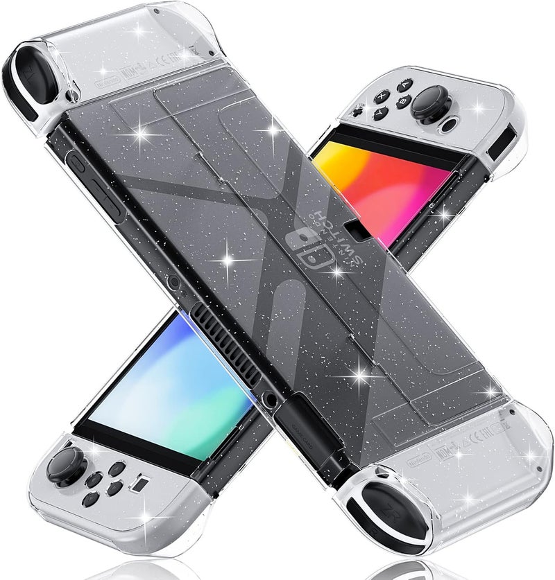 FANPL [النسخة المحسنة] حافظة شفافة قابلة للتثبيت لجهاز Nintendo Switch OLED 2021، غطاء واقي لجهاز Switch OLED ووحدة التحكم Joy Con – قوية ومتينة، لا تسقط بسهولة (متلألئة) - Image 1