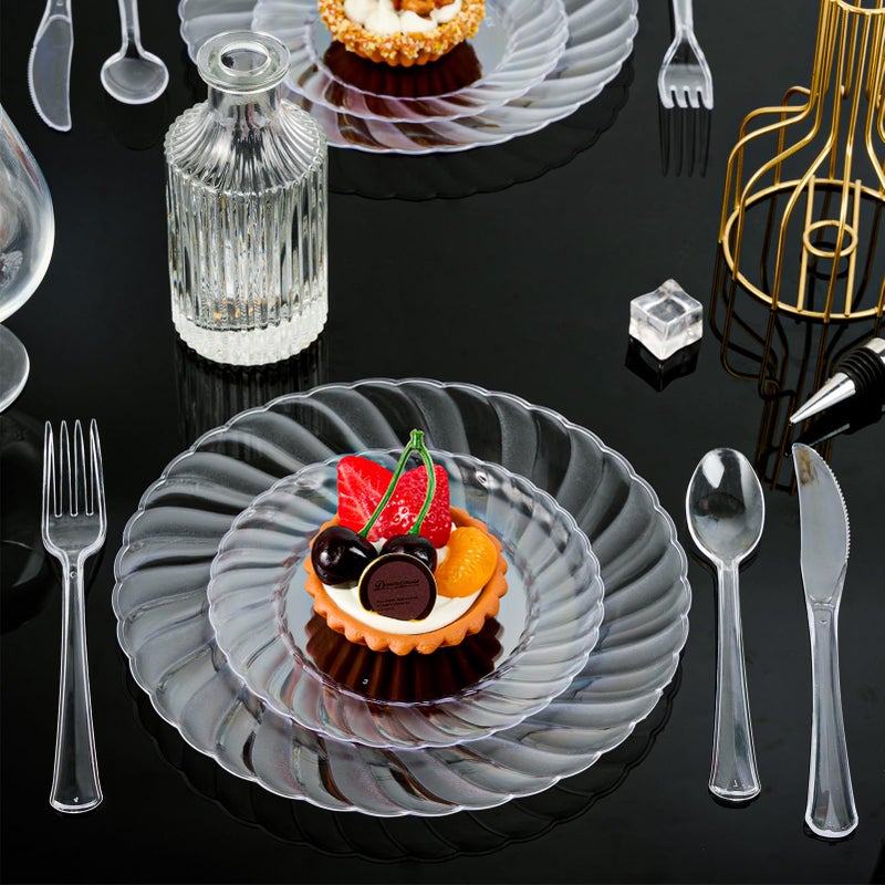 FOCUSLINE 100 Count Clear Plastic Plates 9 Inch, Disposable Heavy Duty Dinner Plates- Premium Hard Plastic Plate Fancy Disposable Clear Plates for Weddings, Parties and Events - Image 5