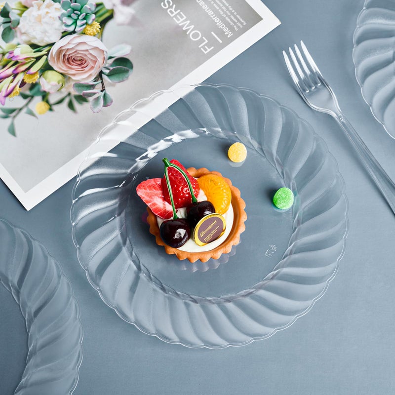 FOCUSLINE 100 Count Clear Plastic Plates 9 Inch, Disposable Heavy Duty Dinner Plates- Premium Hard Plastic Plate Fancy Disposable Clear Plates for Weddings, Parties and Events - Image 4