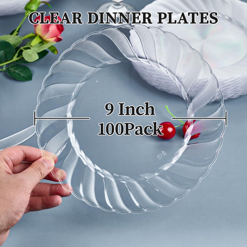 FOCUSLINE 100 Count Clear Plastic Plates 9 Inch, Disposable Heavy Duty Dinner Plates- Premium Hard Plastic Plate Fancy Disposable Clear Plates for Weddings, Parties and Events - Image 3