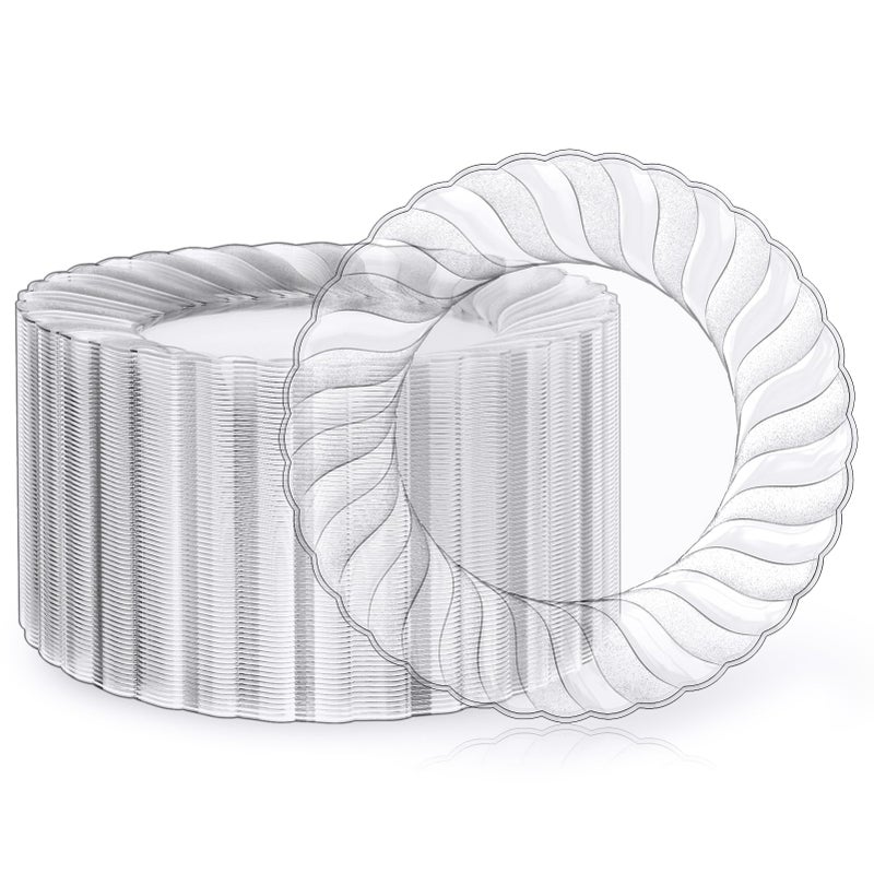 FOCUSLINE 100 Count Clear Plastic Plates 9 Inch, Disposable Heavy Duty Dinner Plates- Premium Hard Plastic Plate Fancy Disposable Clear Plates for Weddings, Parties and Events - Image 1