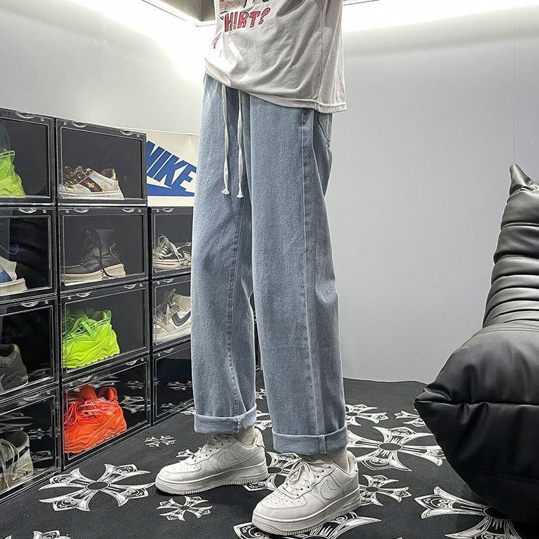 Spring and Autumn Jeans Mens Loose Straight Wide Leg Pants All-match Slimming Trendy Brand High Street Casual Long Pants Light blue [elastic waist] - Image 1