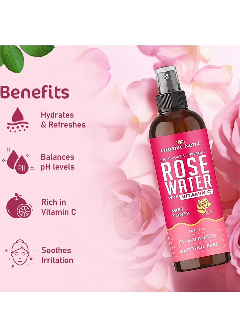 Organic Netra Rose Water with Vitamin C | Exfoliates the Skin and Controls Oil | Excellent for Clearing Away Makeup & Dirt from Pores| Mist Spray for All Skin Type | Paraben Free -200ml - Image 3