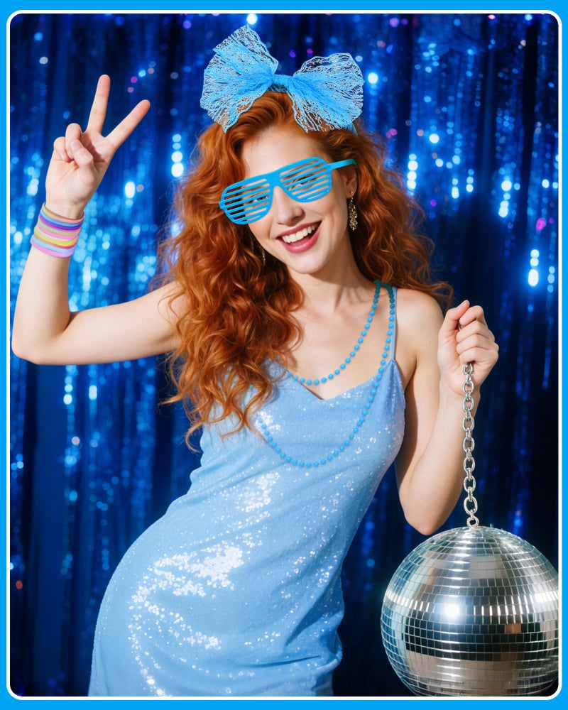 obeoby 80s Outfit Costume Accessories for Women, 80s 90s Blue Party Lace Headband Necklace Accessory Sets for Masquerade Retro Party - Image 5