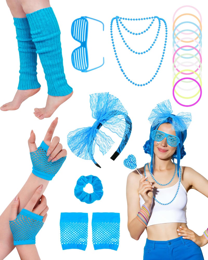 obeoby 80s Outfit Costume Accessories for Women, 80s 90s Blue Party Lace Headband Necklace Accessory Sets for Masquerade Retro Party - Image 1