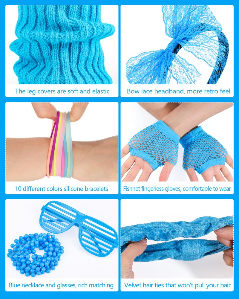 obeoby 80s Outfit Costume Accessories for Women, 80s 90s Blue Party Lace Headband Necklace Accessory Sets for Masquerade Retro Party - Image 4