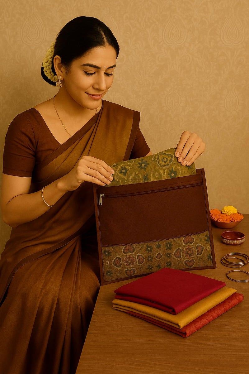 daiDokoro Premium Saree Cover with Transparent Window & Zipper – Breathable Fabric, Dustproof & Travel-Friendly Storage Organizer for Sarees, Lehengas & Ethnic Wear (Brown, Pack of 4) - Image 5