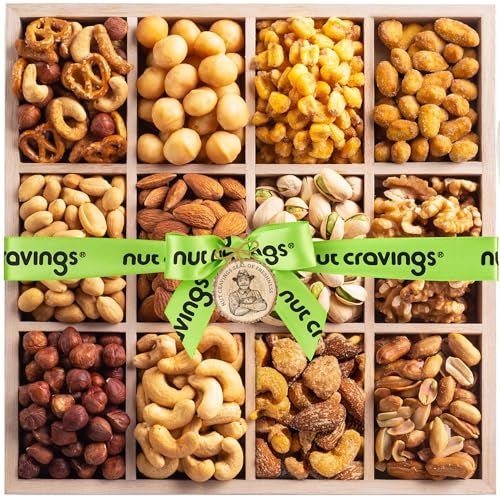 NUT CRAVINGS - Thanksgiving Mixed Nuts Gift Basket in Reusable Wooden Tray + Green Ribbon (12 Assortments) Holiday Xmas Christmas Food Arrangement, Healthy Snack Care Package - Image 1
